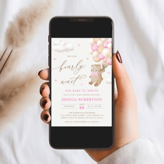 Teddy Bear Pink Ballons Kinderdusche Einladung