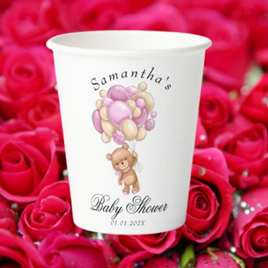 Teddy Bear Pink Balloon Baby Shooting Paper Cups Pappbecher