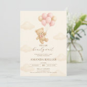 Teddy Bear Pink Balloon Babydusche Einladung (Stehend Vorderseite)