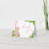 Teddy Bear Pink Balloon Greenery Girl Baby Shower Dankeskarte (Vorderseite)