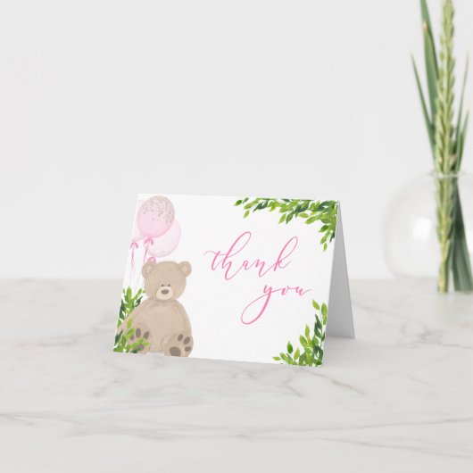 Teddy Bear Pink Balloon Greenery Girl Baby Shower Dankeskarte (Vorderseite)