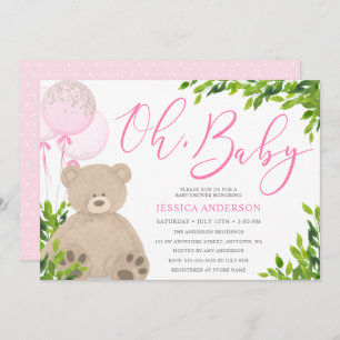 Teddy Bear Pink Balloon Greenery Girl Baby Shower Einladung