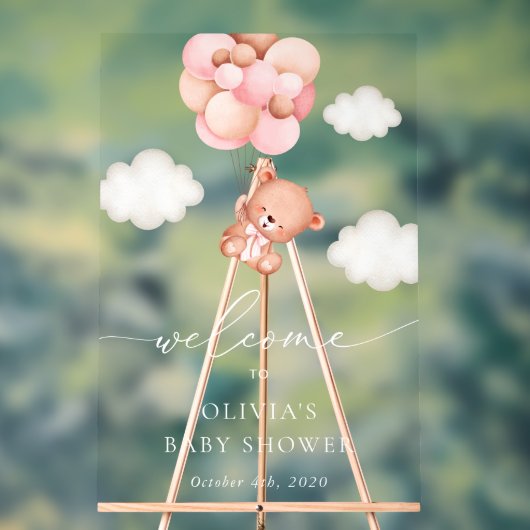 Teddy Bear, Pink Balloons, Baby Dusche Willkommen Acrylschild (Neutral)