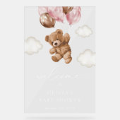 Teddy Bear, Pink Balloons, Baby Dusche Willkommen Acrylschild (Vorderseite)