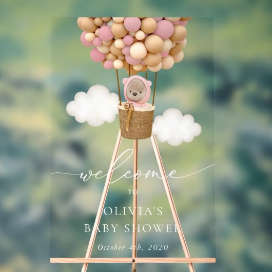 Teddy Bear, Pink Balloons, Baby Dusche Willkommen Acrylschild (Neutral)