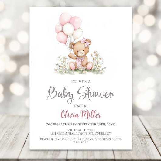 Teddy Bear Pink Balloons Baby Shower Invitation Einladung