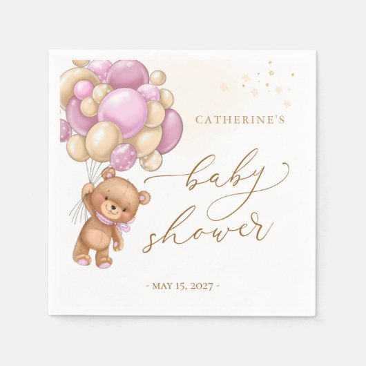 Teddy Bear Pink Balloons Babydusche Napkins Serviette (Vorderseite)