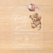 Teddy Bear, Pink Balloons, Erster Geburtstag Acryleinladungen (Vorderseite)