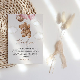 Teddy Bear, Pink Balloons, Erster Geburtstag Dankeskarte