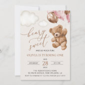 Teddy Bear, Pink Balloons, Erster Geburtstag Einladung (Vorderseite)
