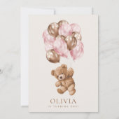 Teddy Bear, Pink Balloons, Erster Geburtstag Einladung (Rückseite)
