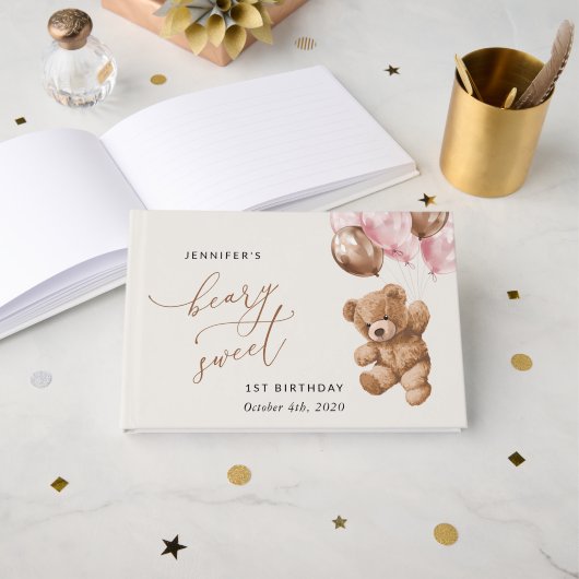 Teddy Bear, Pink Balloons, Erster Geburtstag Gästebuch (Vorderseite Offen)