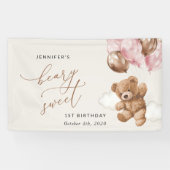 Teddy Bear, Pink Balloons, Erster Geburtstag Willk Banner (Horizontal)