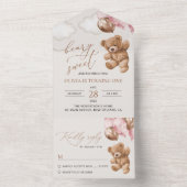 Teddy Bear, Pink Balloons, First Birthday All In One Einladung (Innen Boden)