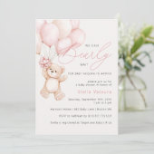 Teddy Bear Pink Balloons Girl Baby Dusche Einladung (Stehend Vorderseite)