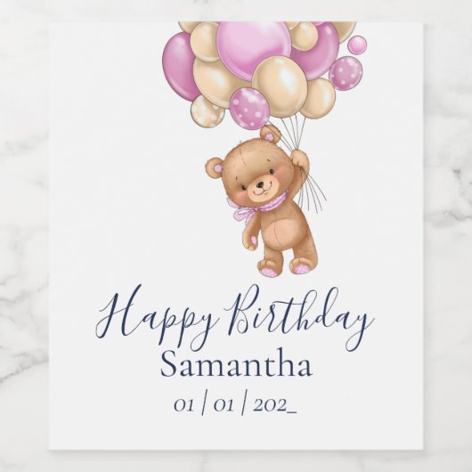 Teddy Bear Pink Balloons Girl Birthday Party Weinetikett (Einzelnes Label)