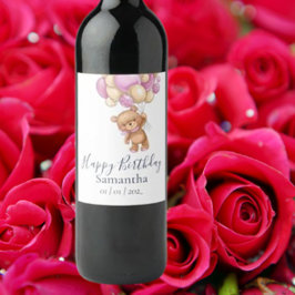 Teddy Bear Pink Balloons Girl Birthday Party Weinetikett