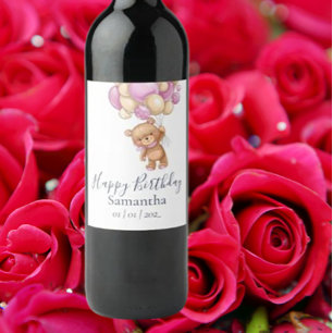 Teddy Bear Pink Balloons Girl Birthday Party Weinetikett