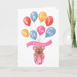 Teddy Bear Pink Balloons Girl Happy Birthday Card Karte
