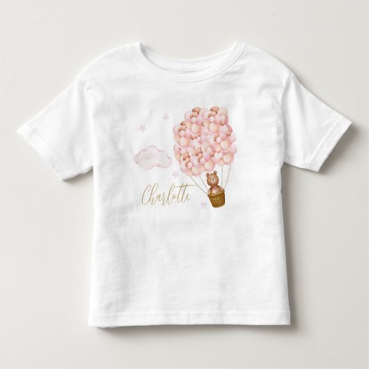 Teddy Bear Pink Balloons Gold Script Kleinkind T-shirt (Vorderseite)