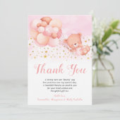 Teddy Bear Pink Balloons Gold Stars Taufe Dankeskarte (Stehend Vorderseite)