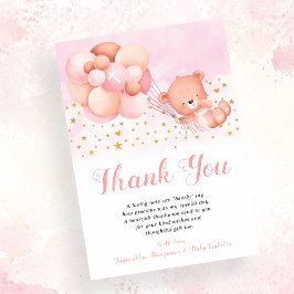 Teddy Bear Pink Balloons Gold Stars Taufe Dankeskarte
