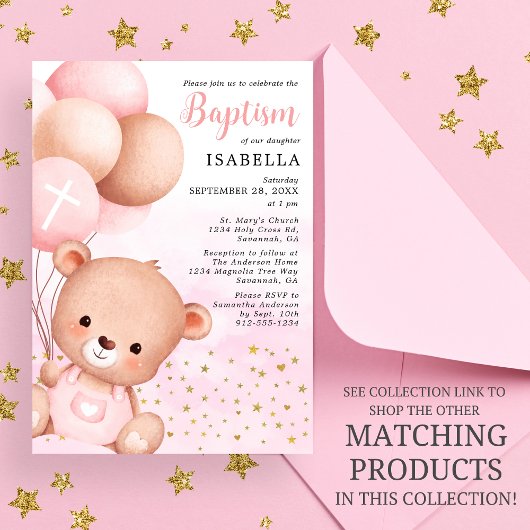 Teddy Bear Pink Balloons Gold Stars Taufe Einladung