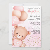 Teddy Bear Pink Balloons Gold Stars Taufe Einladung (Vorderseite)