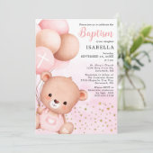 Teddy Bear Pink Balloons Gold Stars Taufe Einladung (Stehend Vorderseite)