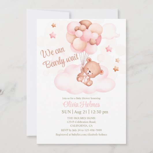 Teddy Bear & Pink Balloons Kinderdusche Einladung (Vorderseite)