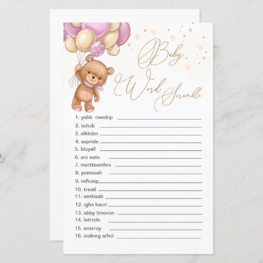 Teddy Bear Pink Balloons Word Scramble Game (Vorne/Hinten)