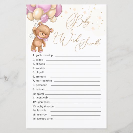 Teddy Bear Pink Balloons Word Scramble Game (Vorderseite)