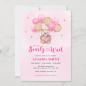 Teddy Bear Pink Bearly Wait Baby Dusche Einladung (Vorderseite)