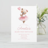 Teddy Bear Pink Beary First 1st Birthday Party Einladung (Stehend Vorderseite)