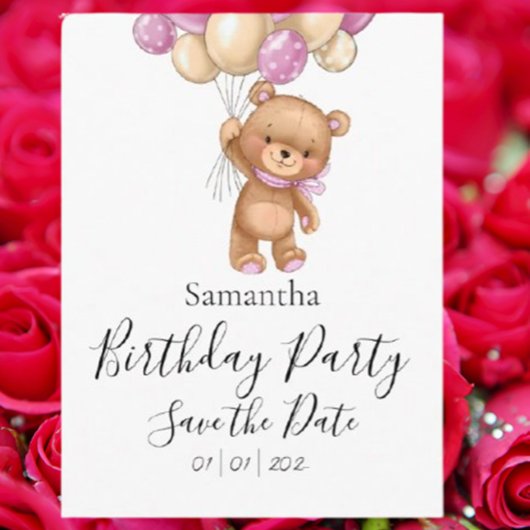 Teddy Bear Pink Birthday Party Save the Date Postkarte