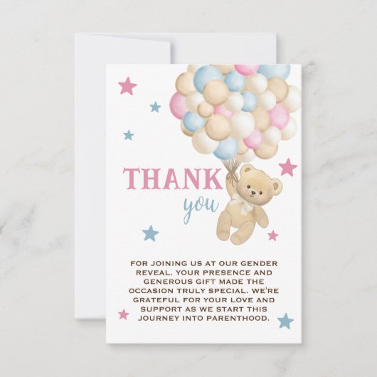 Teddy Bear Pink Blue Gender Reveal Dankeskarte (Vorderseite)
