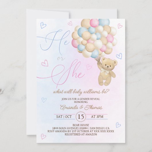 Teddy Bear Pink Blue Gender Reveal Einladung (Vorderseite)