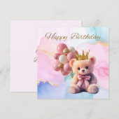 Teddy Bear Pink Bow Gold Crown Happy Birthday (Vorne/Hinten)