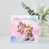 Teddy Bear Pink Bow Gold Crown Happy Birthday (Stehend Vorderseite)