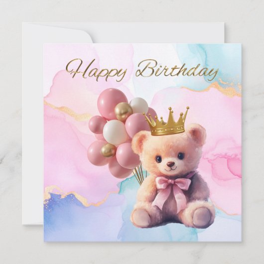 Teddy Bear Pink Bow Gold Crown Happy Birthday (Vorderseite)