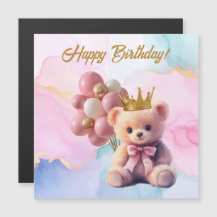 Teddy Bear Pink Bow Gold Crown Happy Birthday Magnetkarte