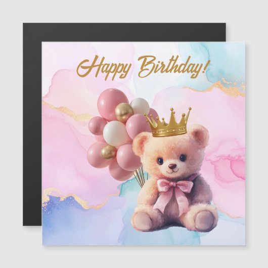 Teddy Bear Pink Bow Gold Crown Happy Birthday Magnetkarte (Vorne/Hinten)