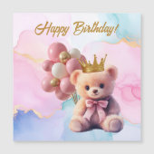 Teddy Bear Pink Bow Gold Crown Happy Birthday Magnetkarte (Vorderseite)