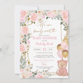 Teddy Bear Pink Floral Balloons Girl Baby Dusche Einladung