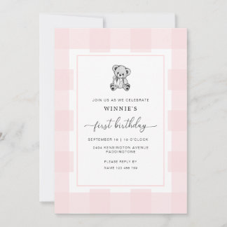 Teddy Bear Pink Gingham Einladung zum 1. Geburtsta