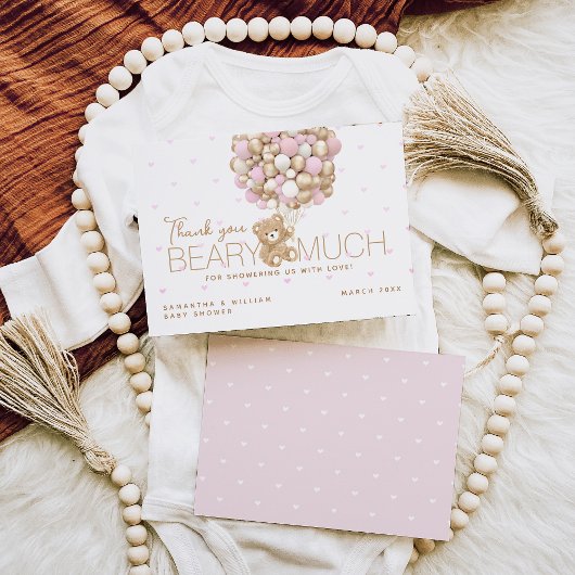 Teddy Bear Pink Heart & Balloon Baby Girl Dusche Dankeskarte