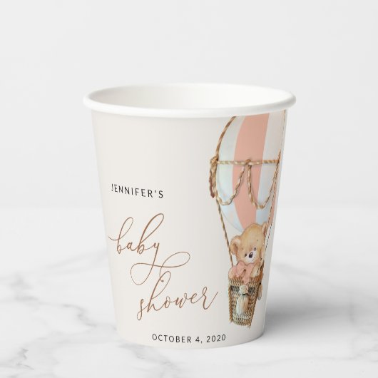 Teddy Bear, Pink Hot Air Ballon, Babydusche Pappbecher (Rückseite)