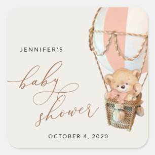 Teddy Bear, Pink Hot Air Ballon, Babydusche Quadratischer Aufkleber