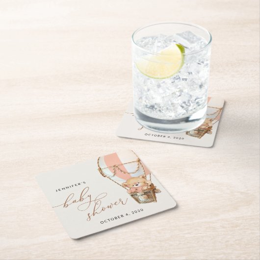 Teddy Bear, Pink Hot Air Ballon, Babydusche Rechteckiger Pappuntersetzer (Vor Ort)