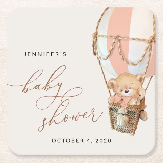 Teddy Bear, Pink Hot Air Ballon, Babydusche Rechteckiger Pappuntersetzer (Vorderseite)